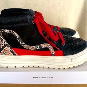 Jessica Simpson Black and Red High-Tops with Snake Print